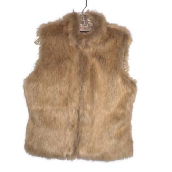 INC Faux Fur Vest M Brown Beige Tan OPEN FRONT - Picture 2 of 6